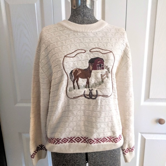 Cabela's Sweaters - Cabelas Cream Cotton Horse Embroidered Sweater S